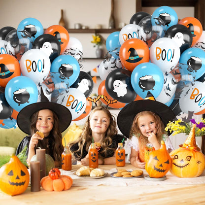 Halloween Balloons,12 Inch Blue Black and Orange Balloons with Boo,Ghost,Hat,Bat Design for Halloween Baby Shower Birthday Wedding Engagement Gender Reveal Party Decorations