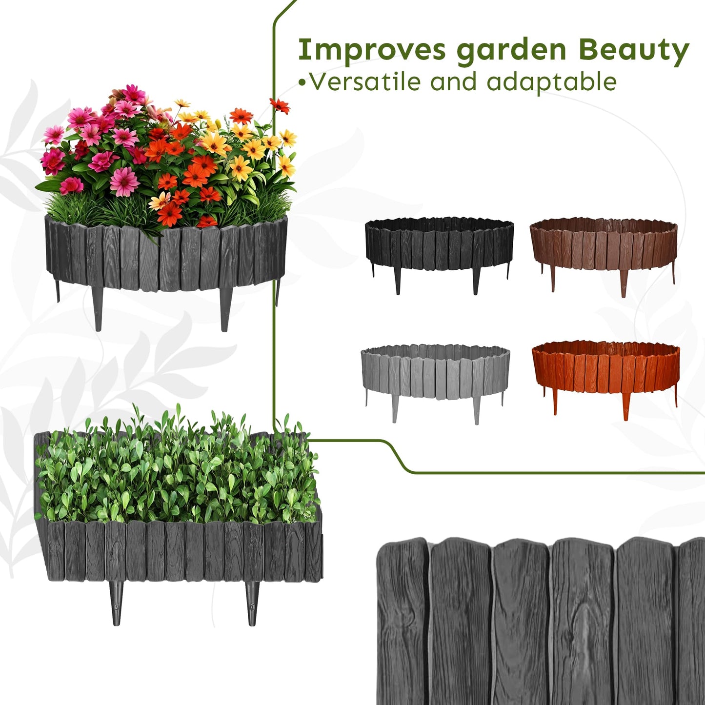 GARDENIX Anthracite Lawn Edging - 2.3m/7.4ft Flexible Garden Edging for Flower Beds, Lawn, Patio & Pavement - Easy Install border, No Digging, Weather-Resistant Plastic, Wood Effect Garden Fence