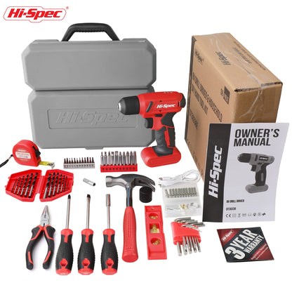 Hi-Spec 57pc Red 8V Electric Drill Set & Household Kit – DIY Hand Tools, Cordless Power Screwdriver, Essential Set with Drill Bits for Home Repairs, Maintenance & Projects