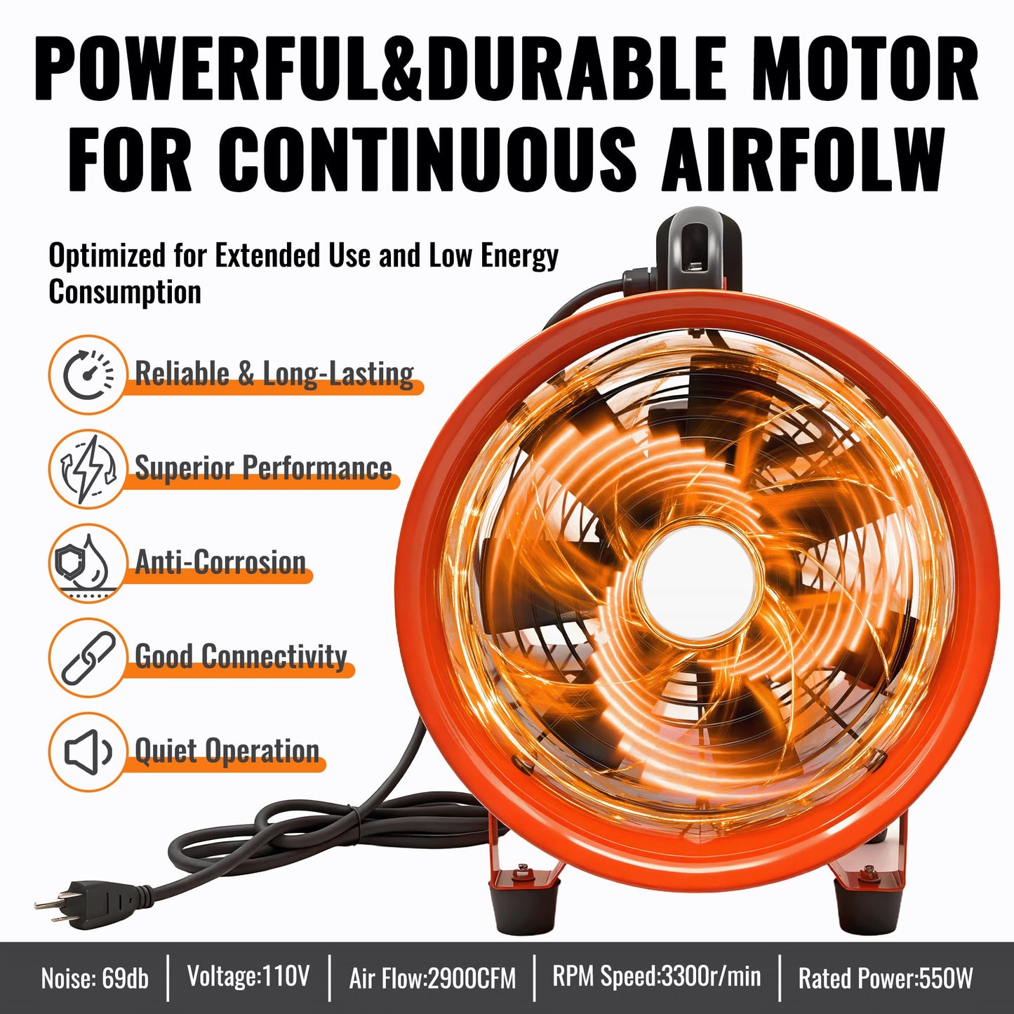 dreamdragon 12-Inch Utility Blower Fan with 25ft Duct – 3300 RPM High Airflow, Low-Noise 69dB, Portable Industrial Ventilator for Crawl Space, Workshop, Basement Drying & Exhaust