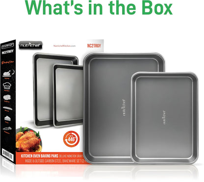 Nonstick Cookie Sheet Baking Pan - 2-Pc. Professional Quality Kitchen Cooking Non-Stick Bake Trays with Gray Coating Inside & Outside, Dishwasher Safe