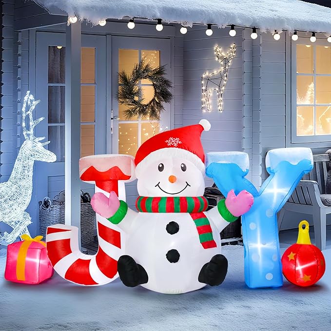 Vigdur 8FT Snowman Christmas Decoration – Christmas Joy and Snowman Blow Up with Built-in LED Lights, Outdoor Christmas Inflatable for Yard, Lawn, Garden, Holiday Party & Home Décor