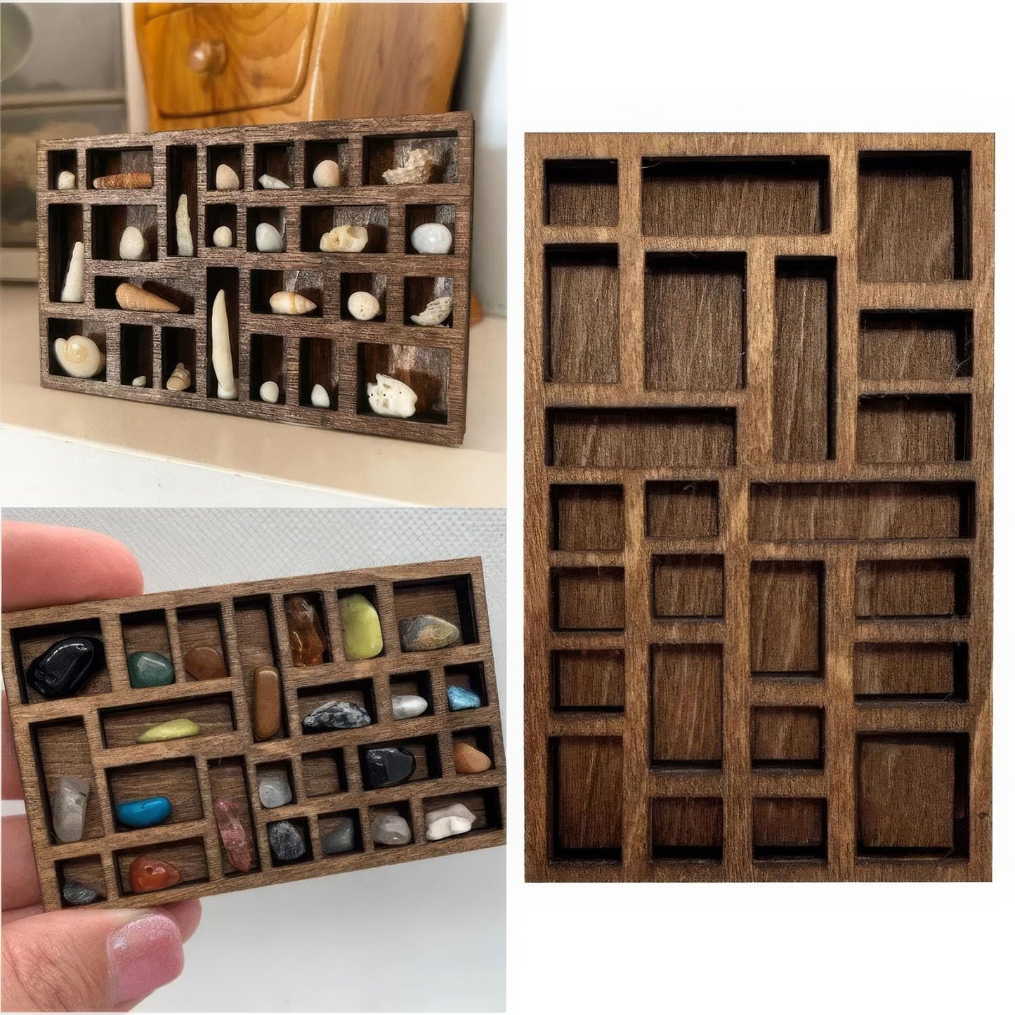 Wooden Miniature Trinket Shelf & Shadow Box (Dark Brown): Multi-Grid Organizer for Tiny Collectibles, Miniatures, Dollhouse Accessories & Desk Display