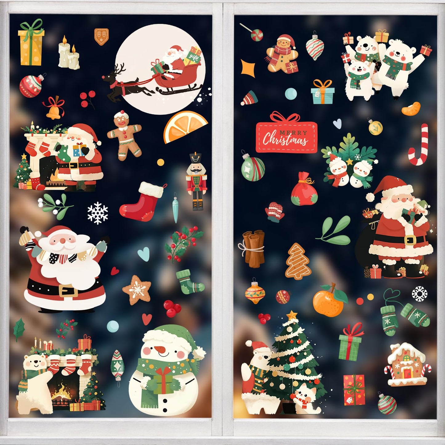 Wothfav 143 Pcs Christmas Decorations, 9 Sheets Christmas Window Clings for Glass, Santa Snowman Bears Xmas Stickers, Holiday Window Decals for Indoor Home Party Decor