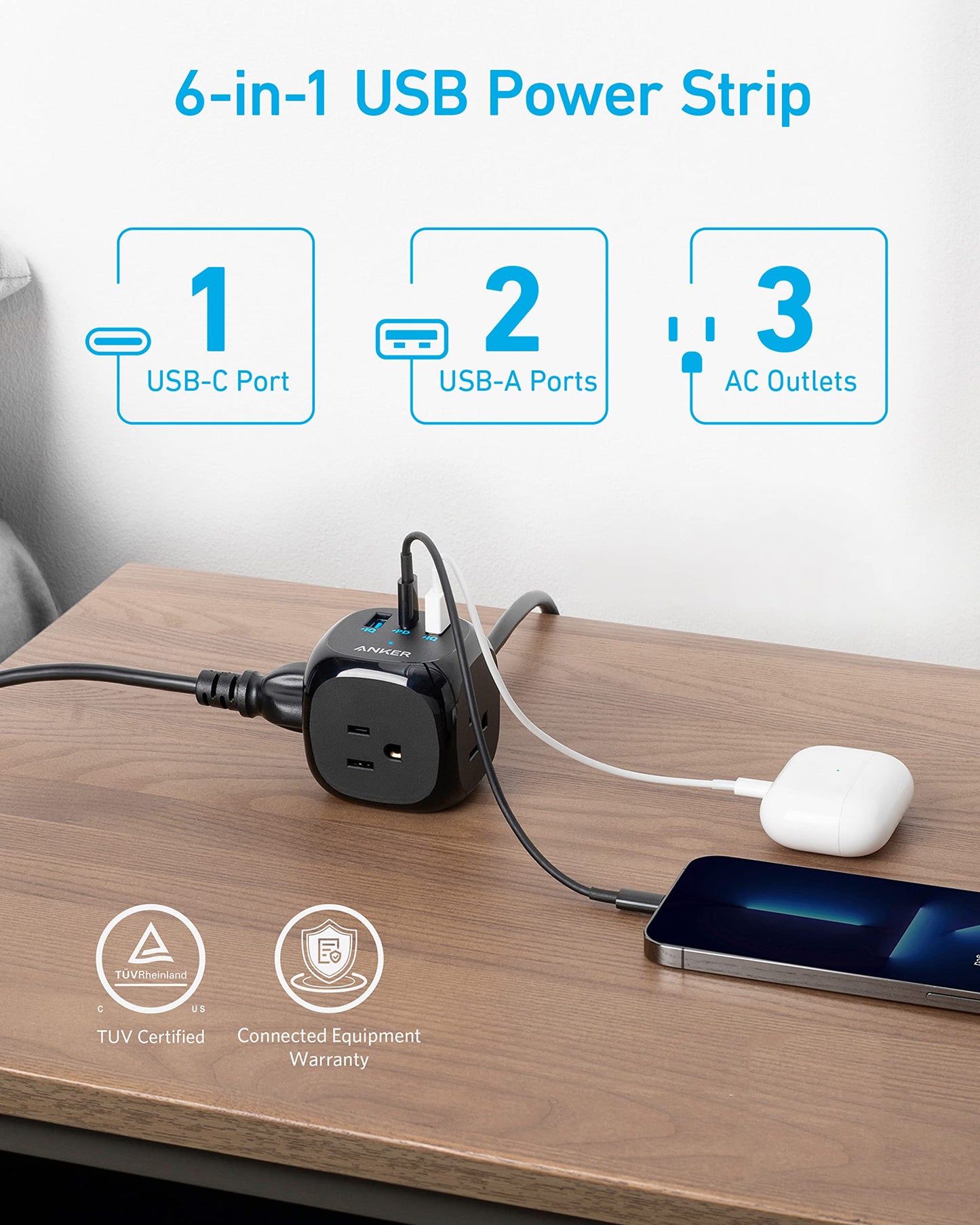 Anker 20W USB C Power Strip, 321 Power Strip with 3 Outlets and USB C Charging for iPhone 15/15 Plus/15 Pro/15 Pro Max, 5 ft Extension Cord, Power Delivery Charging for Dorm Rooms,Home Office