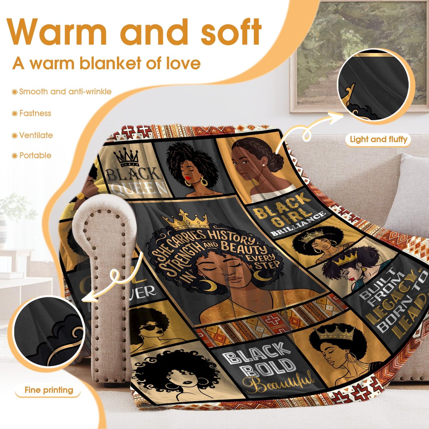Hohoto Black Queen Throw Blanket, Birthday for Black Women Girls Teens, Soft Cozy Blanket for Couch Sofa Bed, Lightweight Warm Decorative Throw for Living Room Bedroom,50"x60"