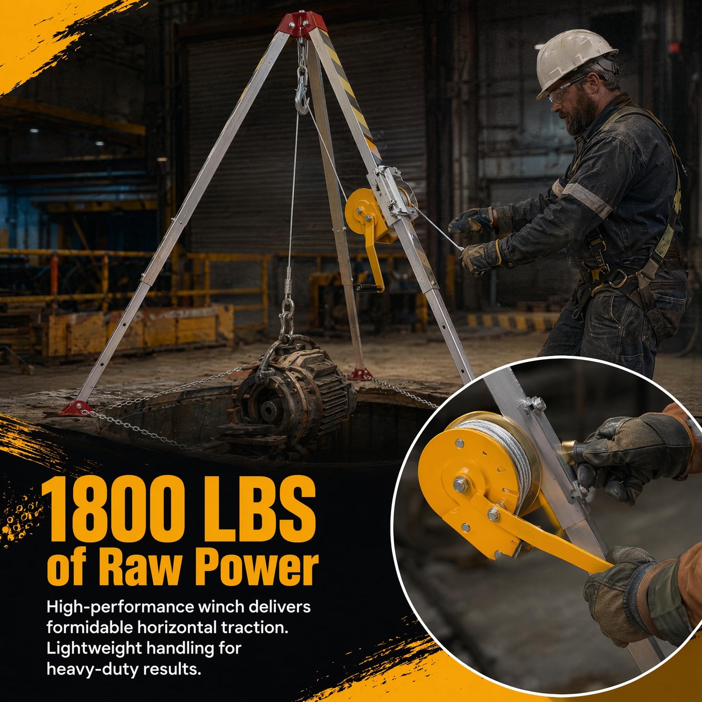 Lifting Winch Tripod Kit 1800lbs Confined Space Tripod Fall Protection Equipment 30m Steel Wire Rope Adjustable Height 4.40-7.1FT Safety Equipment Rescue Tripod Stand System