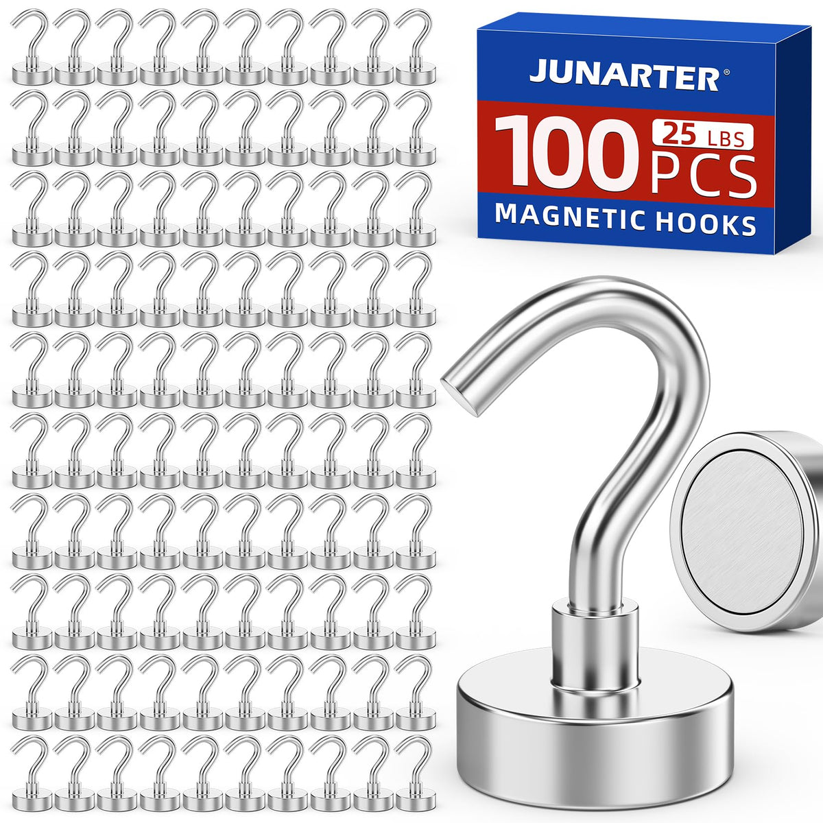 Junarter Magnetic Hooks,100 Pack Magnetic Hooks for Cruise Cabins, 25lbs Magnet Hooks, Strong Magnetic Hook Heavy Duty, Magnets with Hooks, Metal Magnetic Hook for Hanging, Refrigerator, Grill