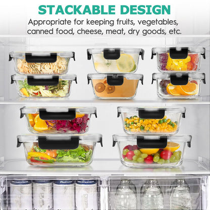 34pcs Glass Food Storage Containers with Lids Set, Airtight Glass Meal Prep Containers (17 Containers & 17 Lids), Leak Proof Lunch Container BPA-Free, Microwave, Oven, Freezer, Dishwasher Safe-Black