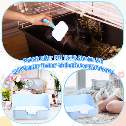 Reallnaive 15 Pcs Rabbit Starter Kit Small Rabbit Litter Box Girls Gift Animal Grooming Kit Bunny Toys Bowl Blankets with Cleaning Set for Guinea Pig Accessories(Candy Blue)