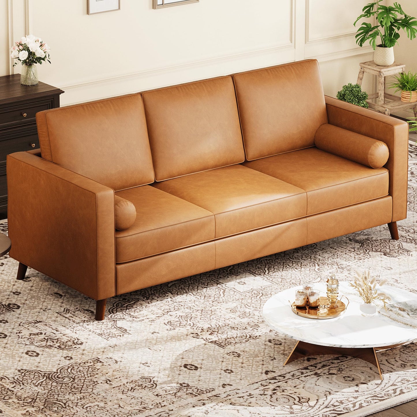 IDEALHOUSE 86" Faux Leather Sofa, Mid Century Modern Deep Seat Couch, Leather Couch with Upholstered Cushion&Removable Cover, 3 Seat Sofa for Living Room, Office, Cognac Tan