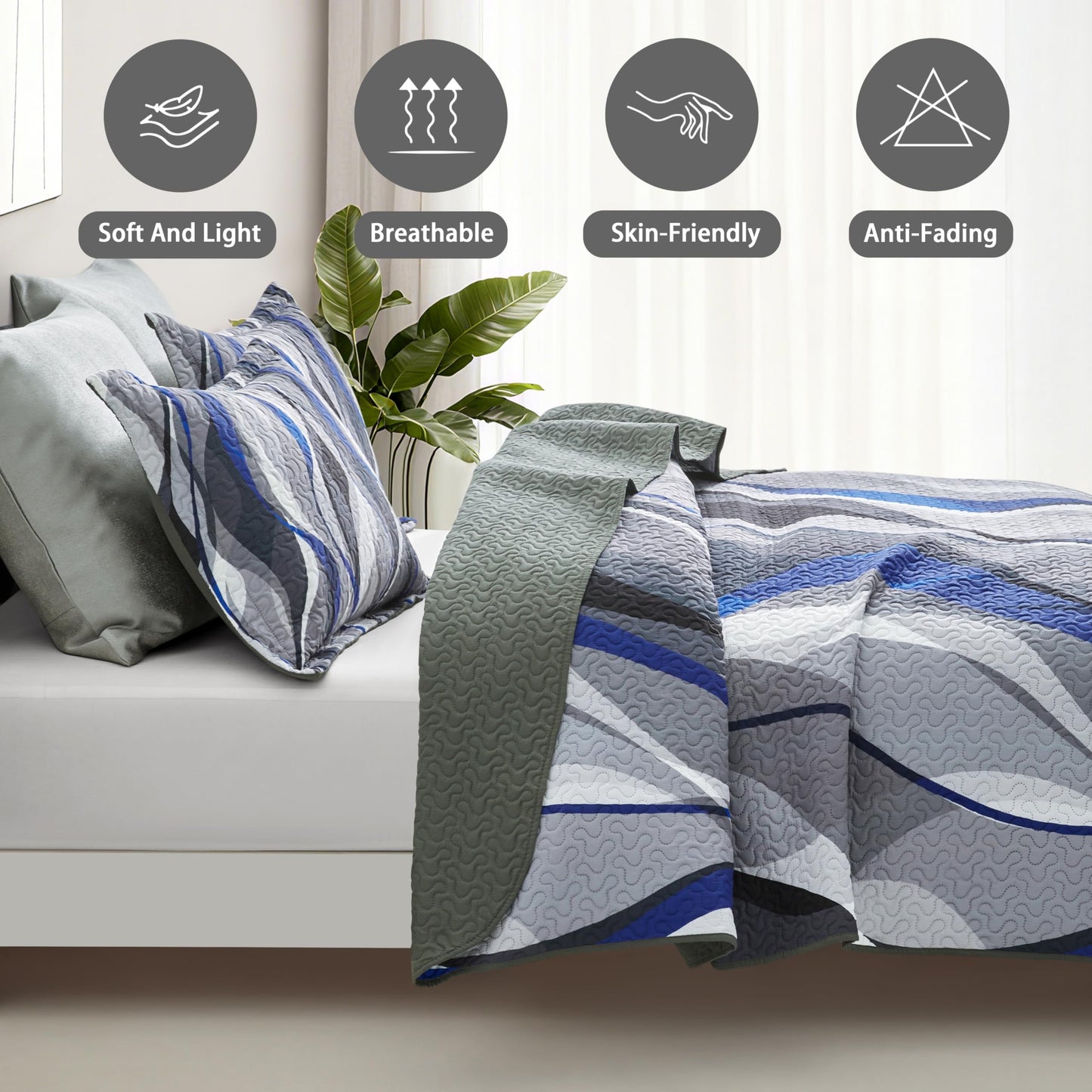 weesire Queen Quilt Bedding Set Blue Black Comforter Set Stripe Full Size Bedspreads with 2 Shams, Modern Pattern Lightweight Breathable Coverlet, 90''X96''