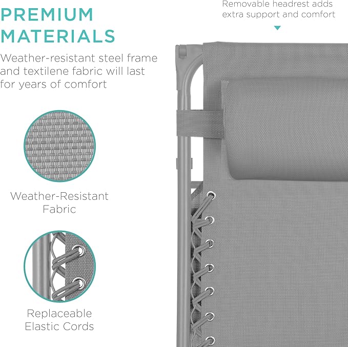 Best Choice Products Folding Zero Gravity Outdoor Recliner Patio Lounge Chair w/Adjustable Canopy Shade, Headrest, Side Accessory Tray, Textilene Mesh - Dove Gray