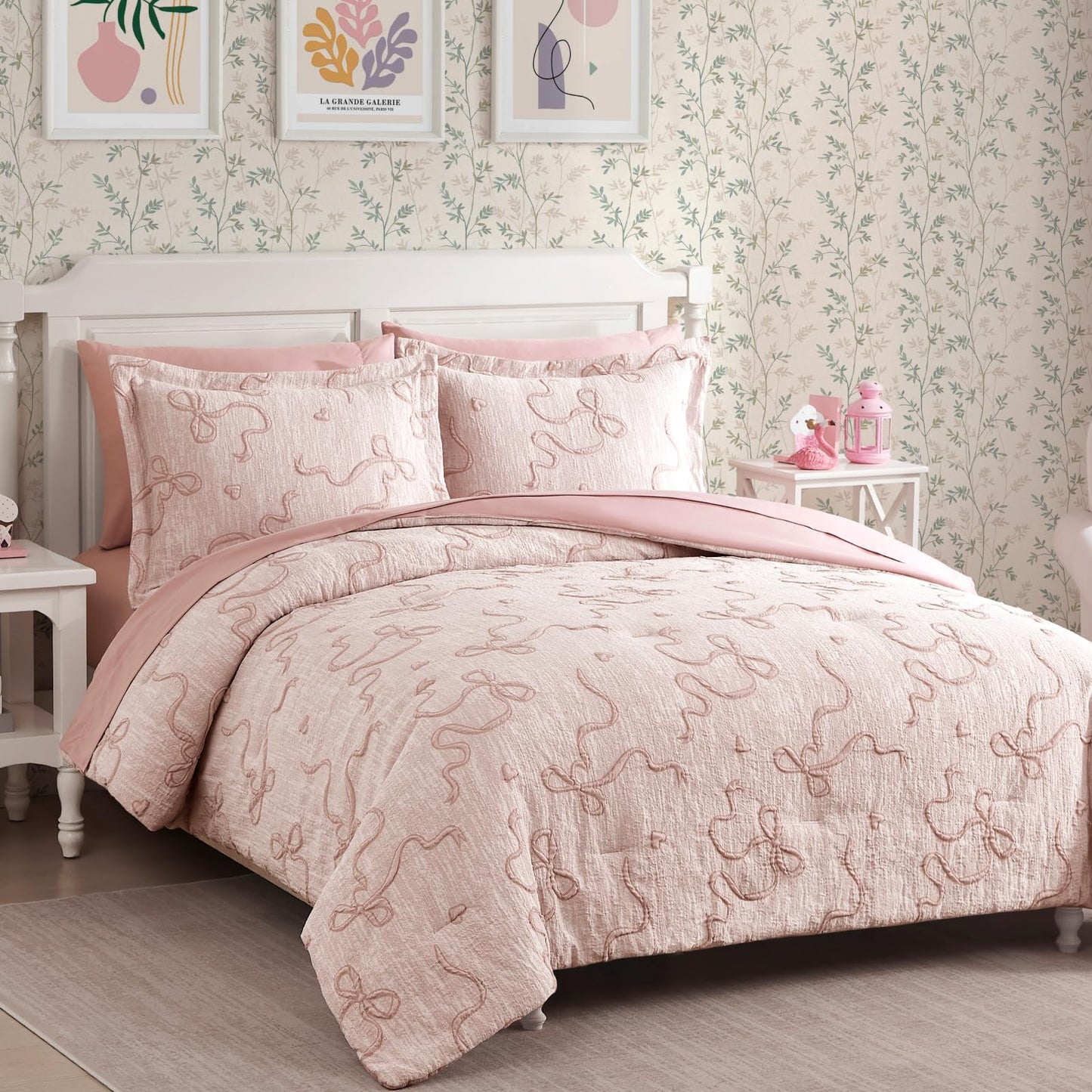 Geniospin Pink Twin Comforter Set for Girls- 5 Pieces Bowknot Jacquard Bed in A Bag Twin Bedding Sets with Sheets, Pillowcases & Shams, All Season Kids Comforter Set