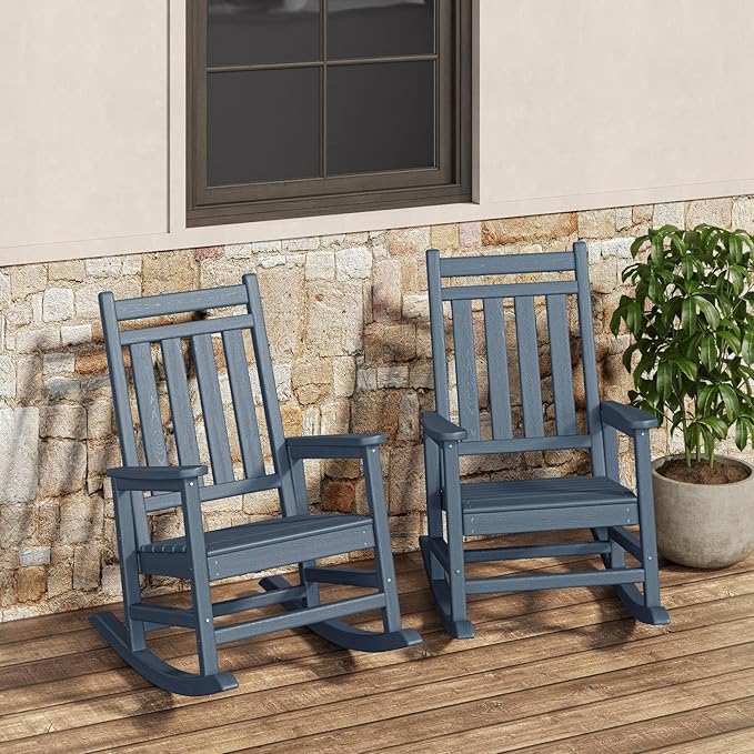GarveeLife Poly Lumber Rocking Chair Outdoor Set of 2 - HDPE High Back Porch Rocker Chairs for Adults - All Weather Resistant Furniture for Patio - Navy Blue