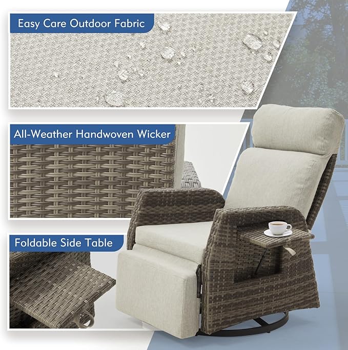 Adjustable Outdoor Recliner Chair with Independent Backrest & Footrest, Patio Swivel Recliner Chair, Wicker Reclining Patio Chair w/Flip-Up Table, 155° Lay Flat Chaise Lounge, Gray, 2PCS