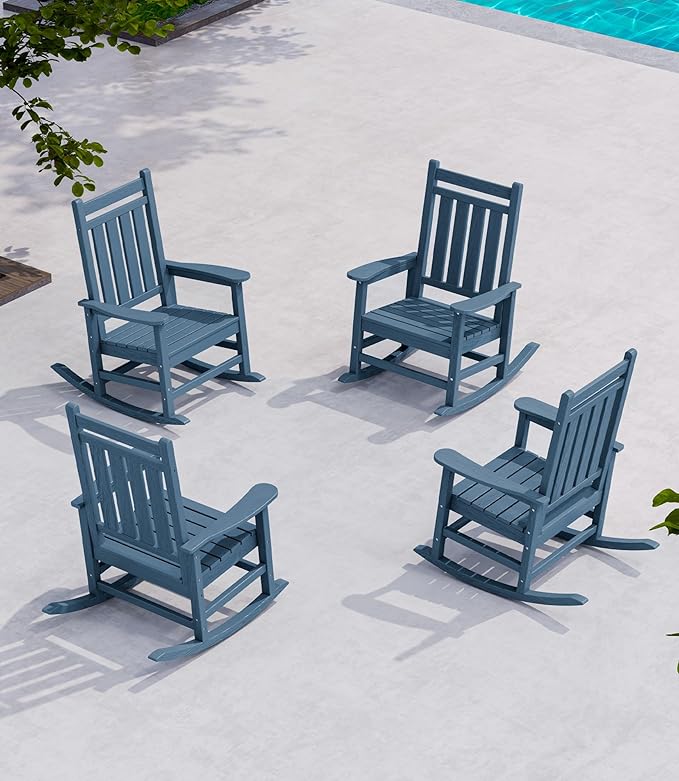 SERWALL Oversized Outdoor Rocking Chair Set of 4, HDPE Rocker for Adults, Patio Rocking Chairs for Porch, Blue