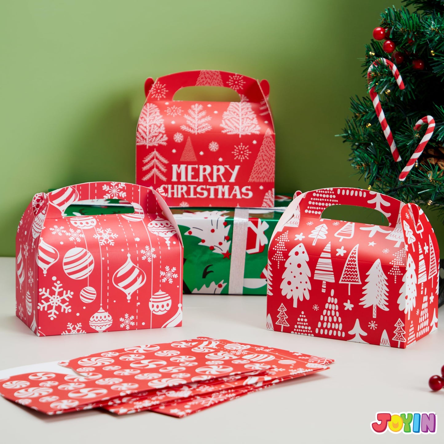 JOYIN 24 PCS 3D Christmas Treat Gift Wrap Boxes for Holiday Xmas Presents, Bakery Cookie Boxes for Gift Giving, Cardboard Goodie Candy Box for Desserts Wrapping, School Classroom Party Favor Supplies