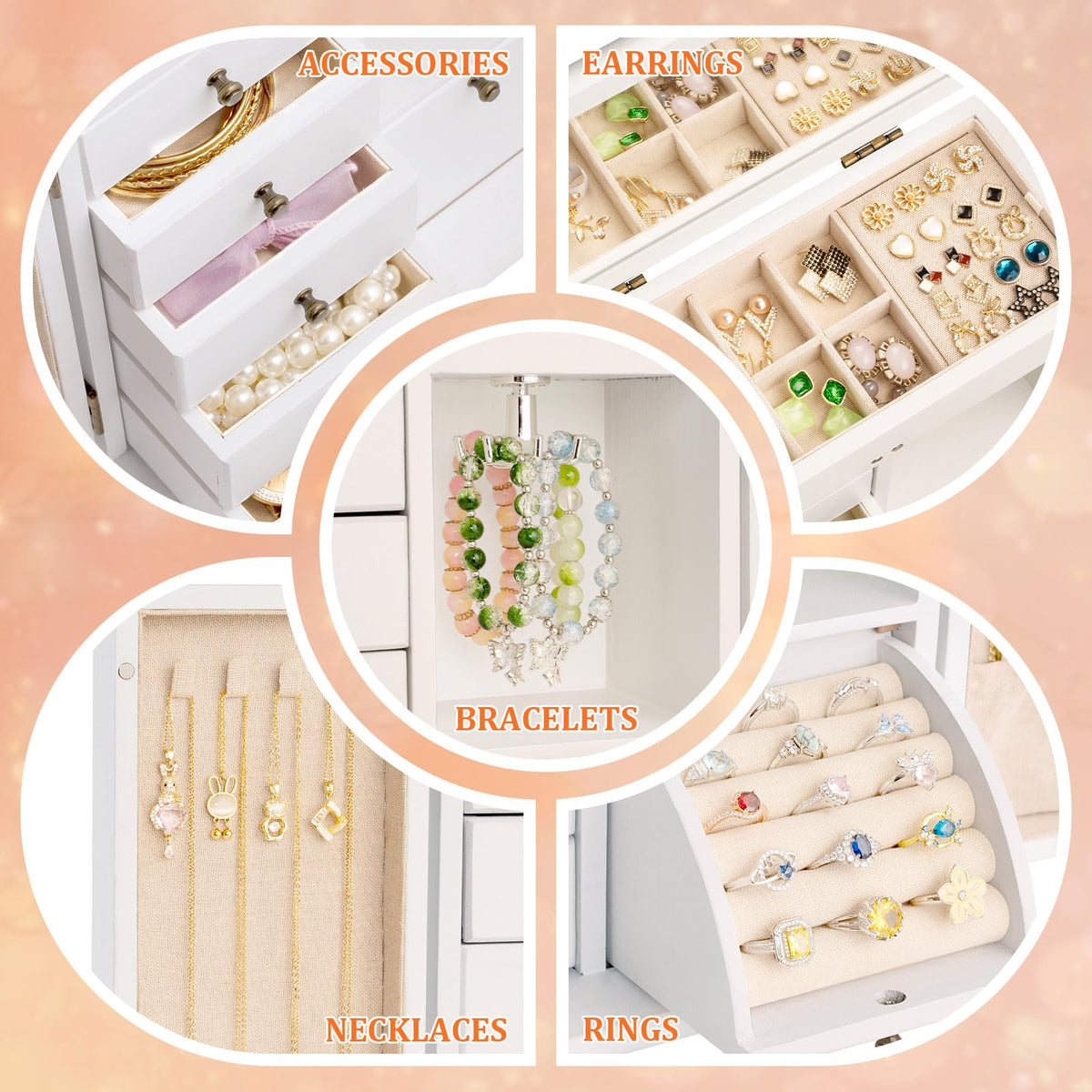 SINGBLA Jewelry Box Organizer, Farmhouse Wooden Jewelry Boxes for Women Girls, 6 Layer Jewelry Case Storage with Bracelet Holder Display Hooks for Necklaces Earrings Rings Bracelets (Weathered White)