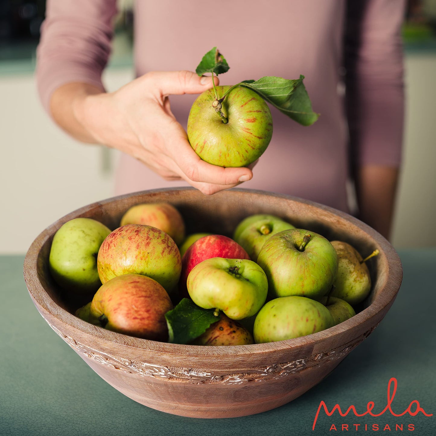 Mela Artisans 12 in Wide x 4.5 in Tall Jasmine Mango Wood Bowl – Hand-Carved Decorative Serving and Fruit Bowl with Whitewash Finish for Kitchen Counter, Salad, Bread and Home Decor