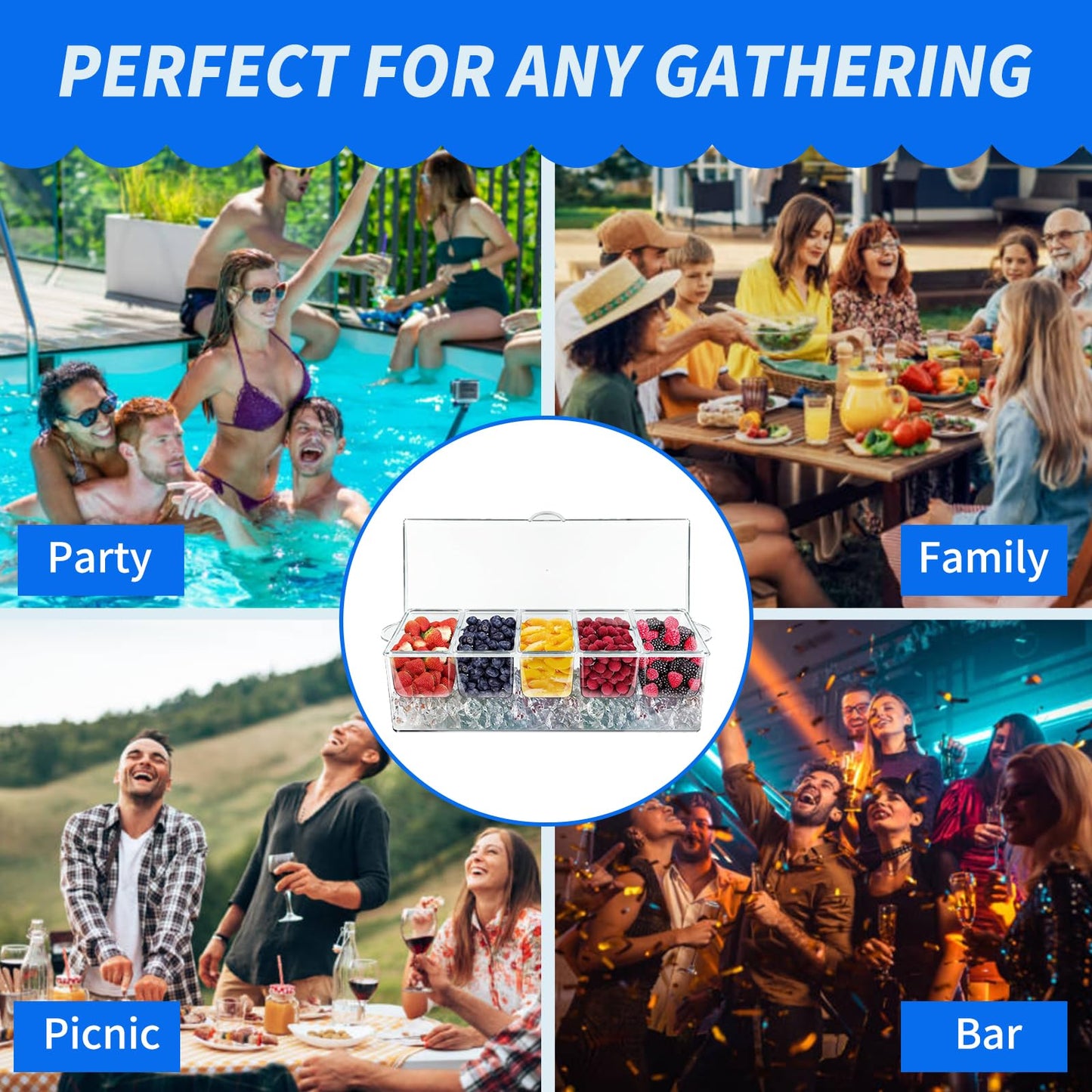 Large Ice Chilled Condiment Caddy，Chilled Condiment Containers Server with Lids for 5 Removable Compartments (2.5 cup)，Serving Platters , Fruit & Garnish Tray for Party Supplies & Bar Accessories