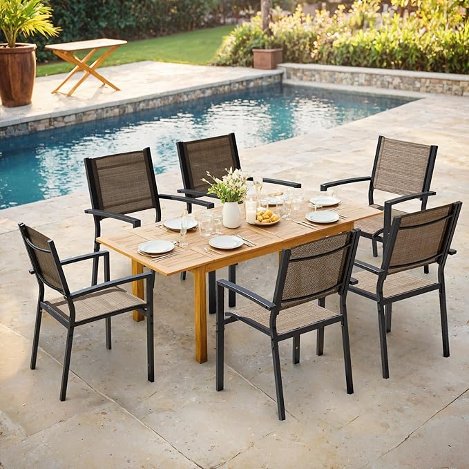 Flamaker Patio Chairs Textilene Outdoor Chairs Set of 6 Stackable Dining Chair for Backyard, Deck, Poolside (Beige)