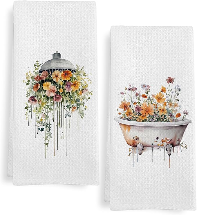 Orange Wildflower Hand Towels for Bathroom Set of 2, Sage Green Shower Head
