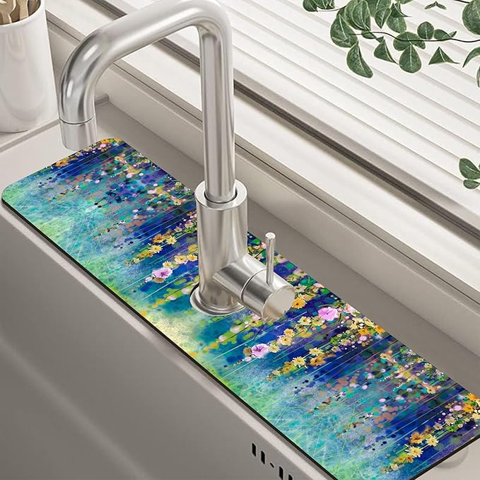 Abstract Watercolor Floral Kitchen Sink Splash Guard Mat Absorbent Fast Drying