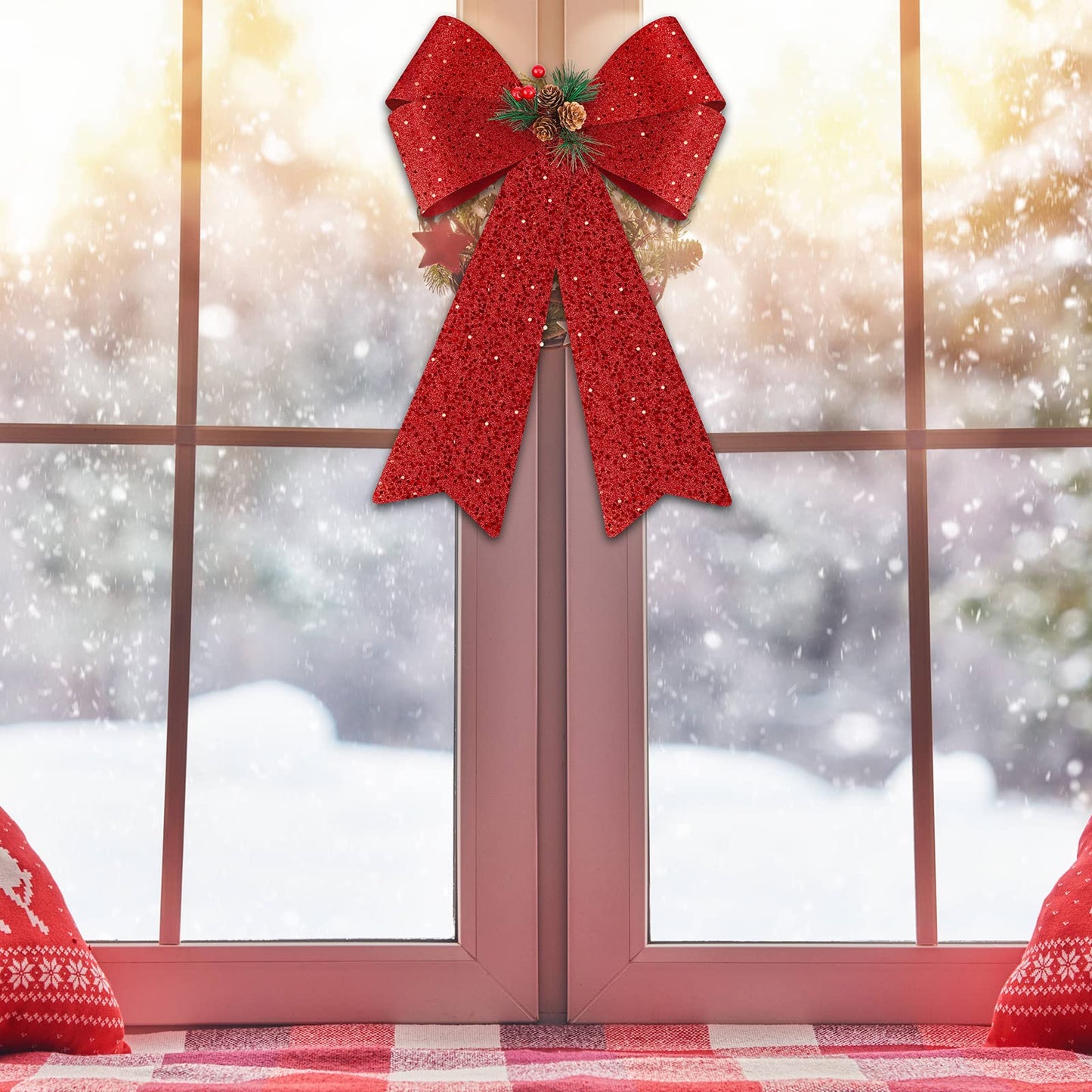 MCEAST 2 Pack Red Christmas Bows 12 x 18 Inches Xmas Wreaths Garland Bows with Pinecones for Christmas Tree Ornaments Sets Indoor Outdor Decoration