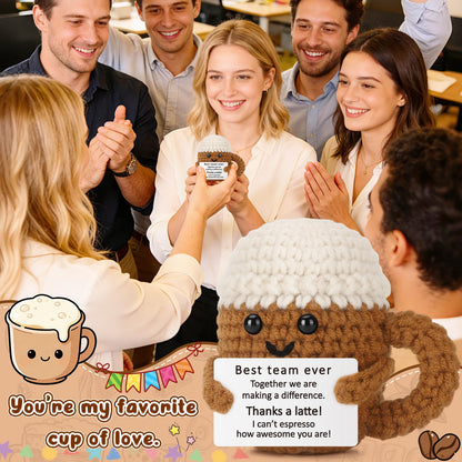 Xinezaa Best Team Coffee Cup Gift, Employee Appreciation for Coworkers, Work, Bestie, Manager, Teacher, Cute Crochet Desk Buddy for Office Cubicle Decor, Team Celebration Thank You Gift