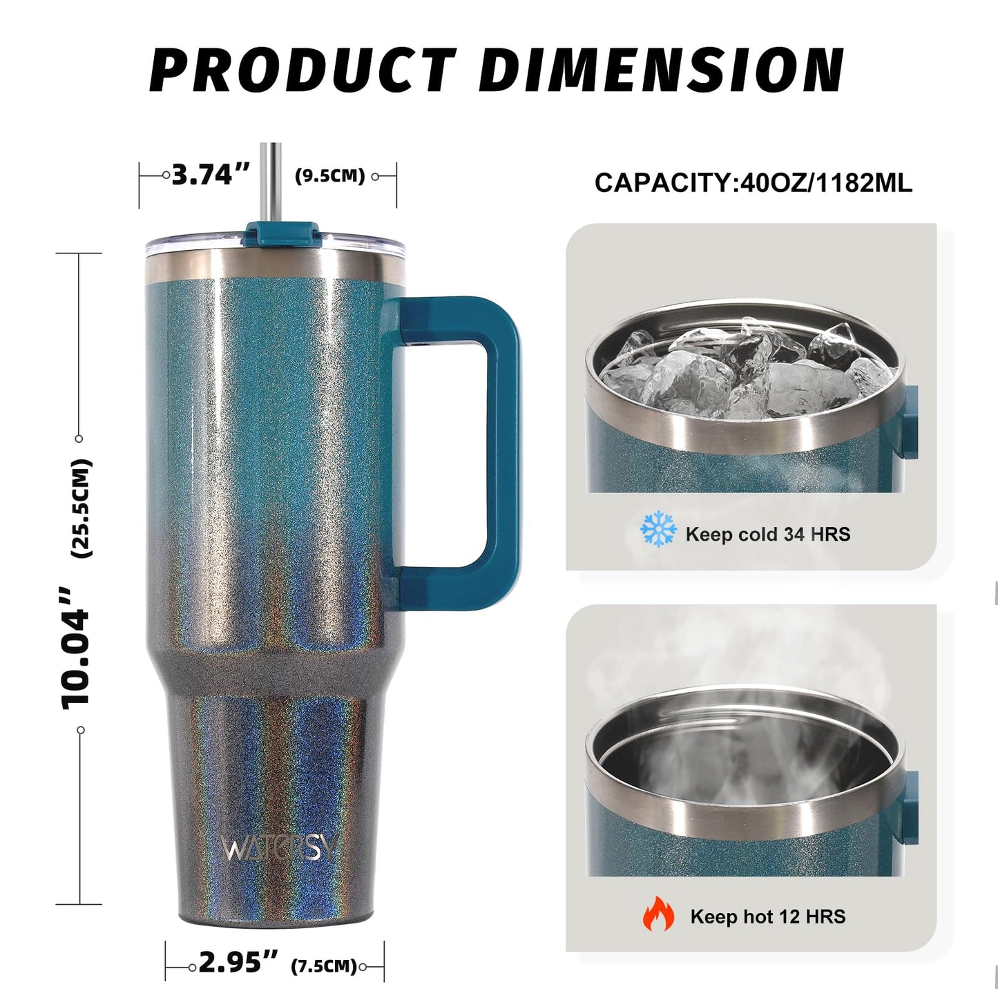 40 oz Shiny Tumbler with Handle and Straw,Stainless Steel Tumbler with Lid and Straw,Insulated Travel Mug(Cold for 34 Hours),Water Bottle for Iced Tea,Coffee (Black Blue)