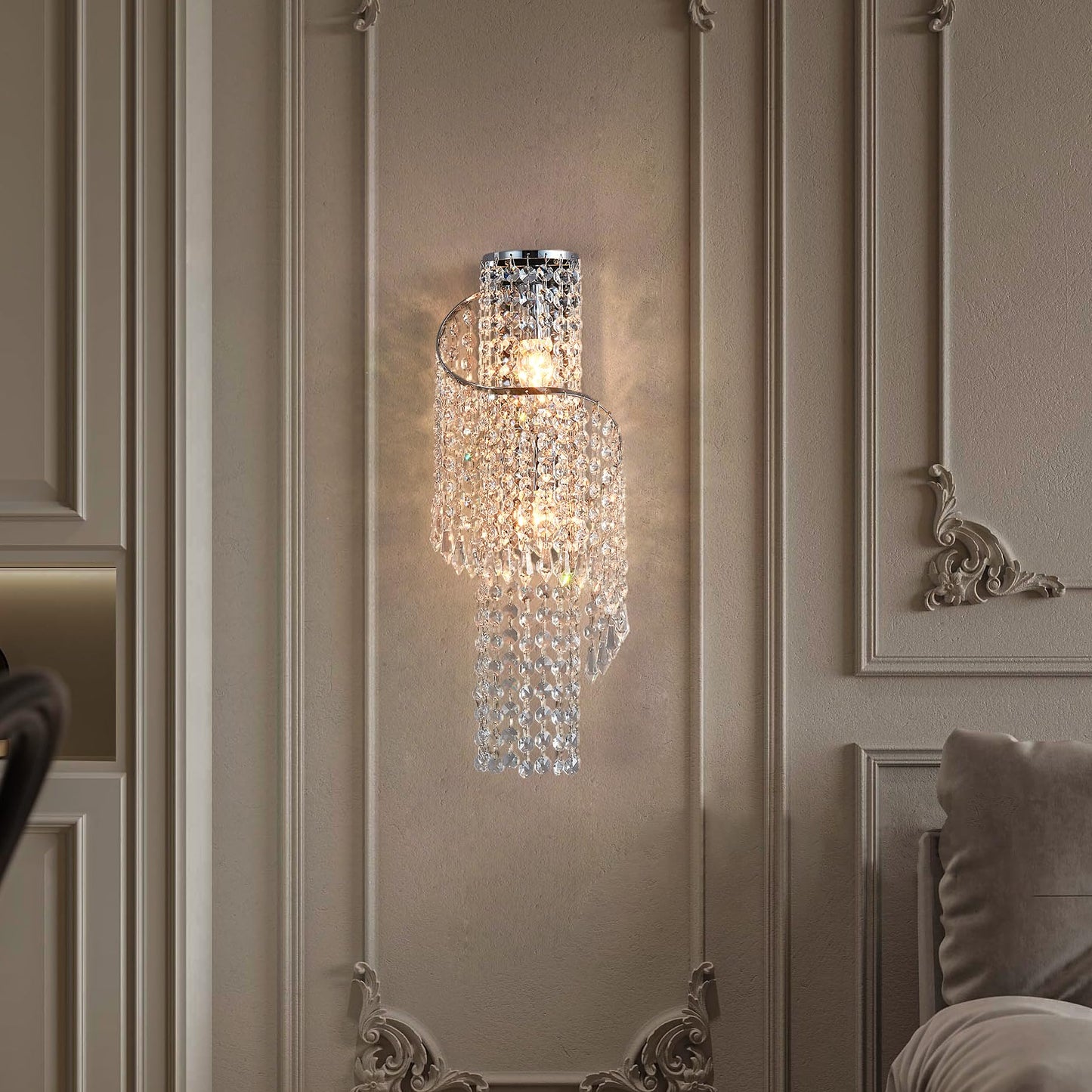 masarayti K9 Crystal Chrome Wall Sconces, Adjustable 3-Color LED Wall Light, FixtureVanity Wall Mount Lamps for Living Room Bedroom Bathroom Bedside Hallway Stairway