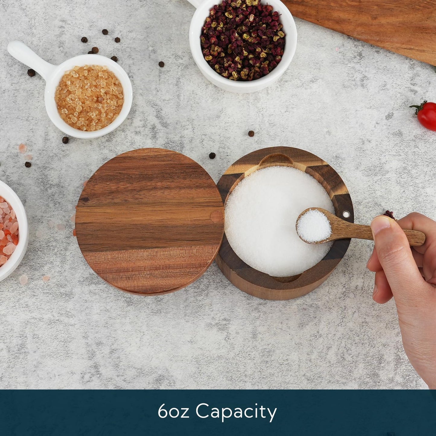 KITCHENDAO Acacia and Bamboo Salt Cellar Bowl Box with Built-in Spoon to avoid Dust, Elegant Kitchen Salt Container Holder with Swivel Magnetic Lid to Storage Pepper Spice Bath Salt Sea Salt, 6OZ