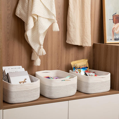 OIASKET Storage Baskets for Organizing 3 Pack, Woven Baskets for Shelves, Closet Organizer Bins Empty Gift Basket Toy Storage for Toys, Books, Towels, Clothes, 15"x11.42"x6.7", White & Black