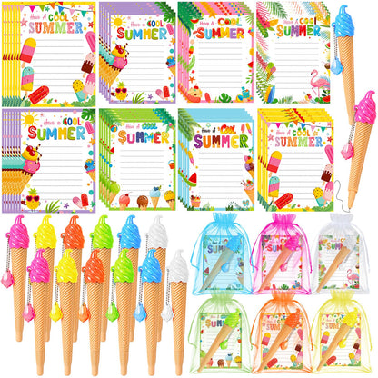 SZCECHRE 36 Pack School End Of Year Surprise Gift Sets, Ice Cream Pens Summer Sticky Notes Kit with Gift Bags & Ribbon for Pool Beach Birthday Class Parties & Student Gifts