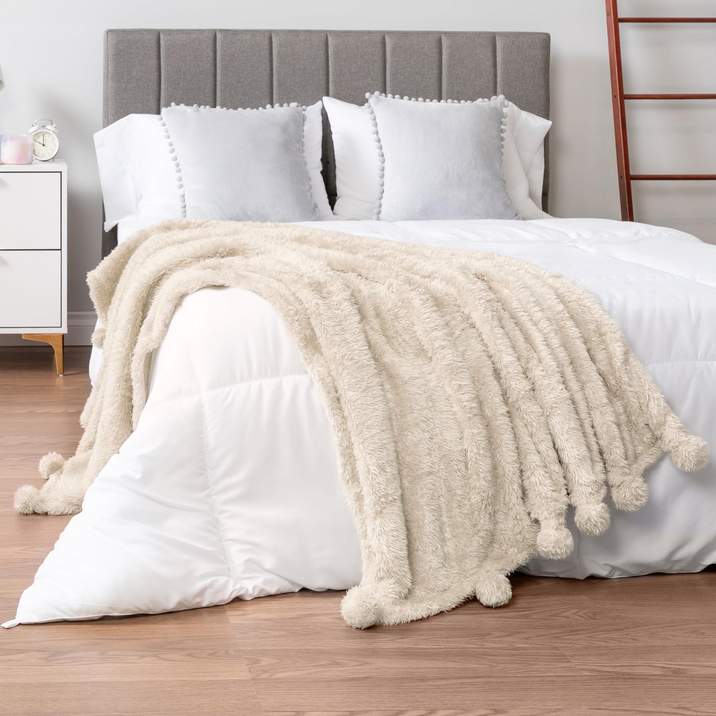 PAVILIA Pom Pom Throw Blanket for Couch, Soft Sherpa Blanket with Pompom, Warm Fluffy Plush Throw for Bed Sofa, Lightweight Decorative Gift for Women Mom Her, Beige, 50x60