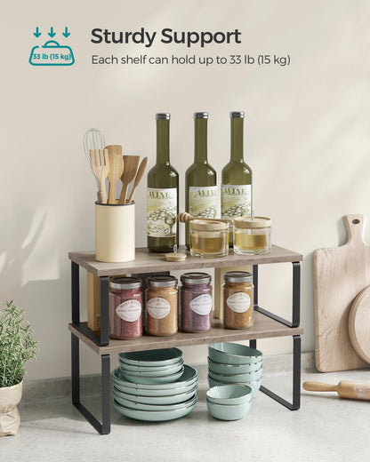 SONGMICS Cabinet Organizer Shelf, Set of 4 Kitchen Counter Shelves, Kitchen Storage, Spice Rack, Stackable, Expandable, Metal and Engineered Wood, Cloud White and Natural Beige UKCS010N01