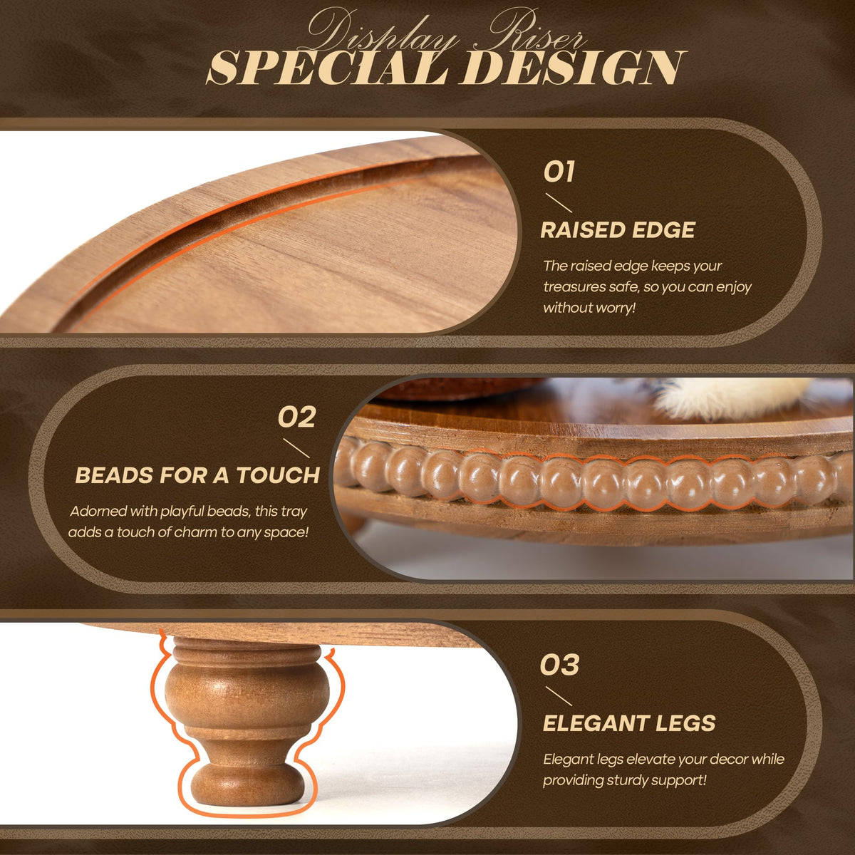EOSAHR Round Pine Wooden Display Riser - Beaded Wood Riser for Plant, Sponge Holder & Perfume Organizer - Rustic Display Stand Kitchen Counter Organizer, Boho Chic Home Decor for Living Room(Brown)