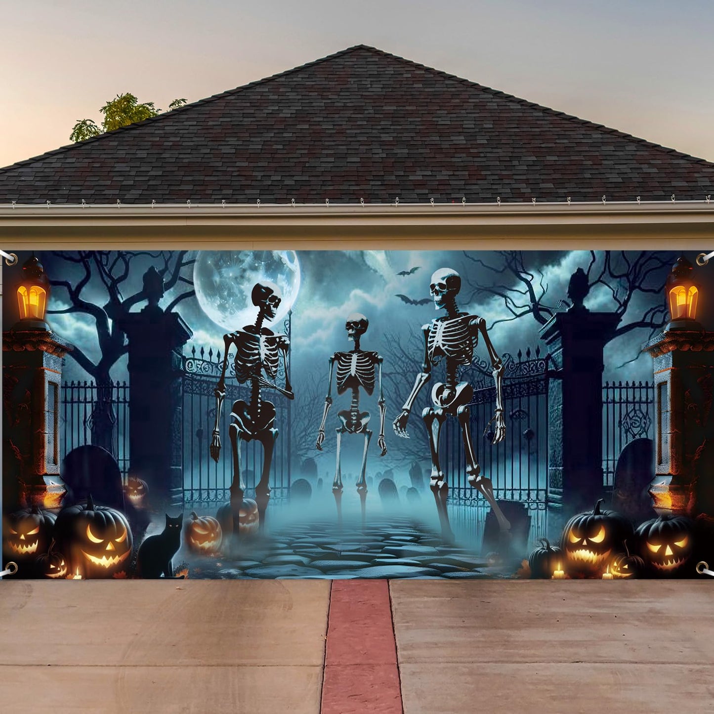 Preboun Halloween Garage Door Decorations Skeleton Halloween Hanging Garage Door Cover Banner Backdrop Mural for Home Outdoor Indoor Spooky Party Wall Window Yard, 7 x 16 ft