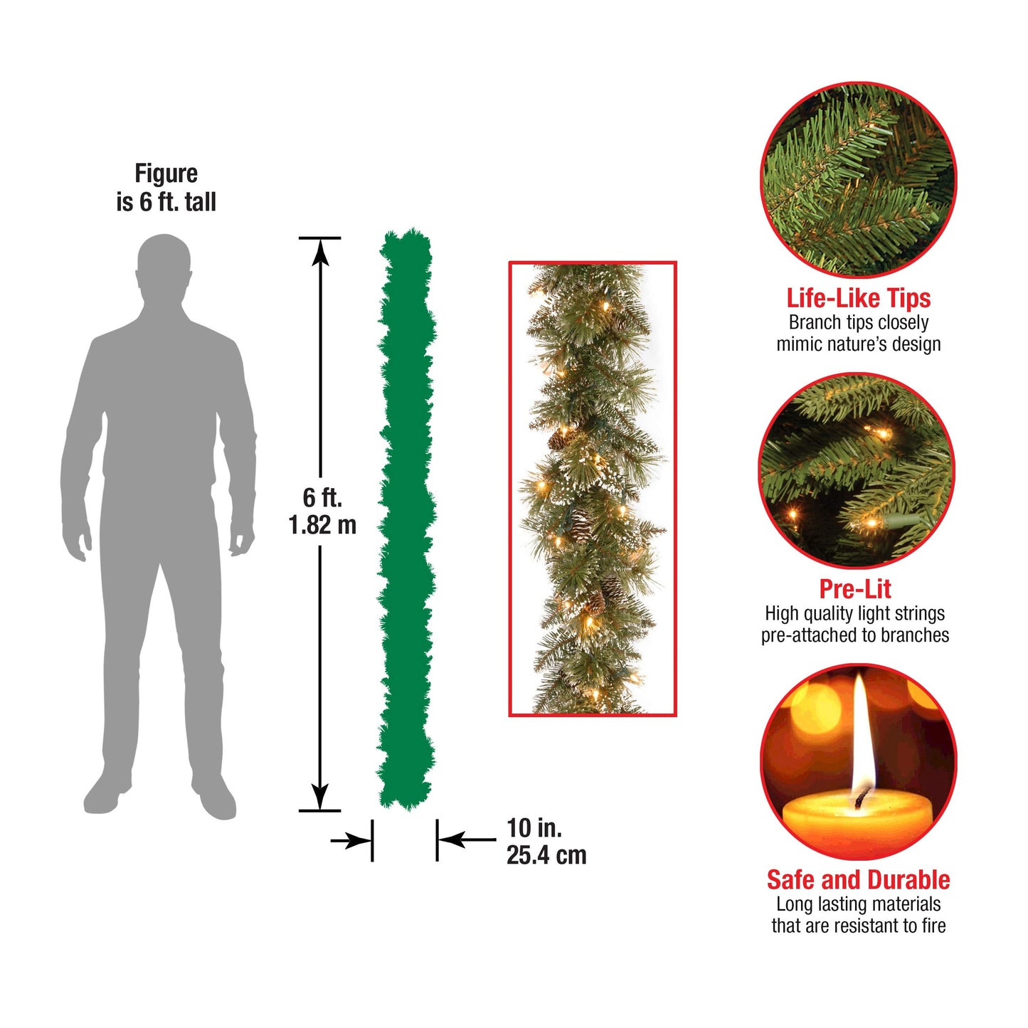 National Tree Company 6 ft Pre-Lit Glittery Bristle Artificial Christmas Garland, Christmas Decoration with Pinecones, 50 Warm White LED Lights, 138 Tips, Timer, Green