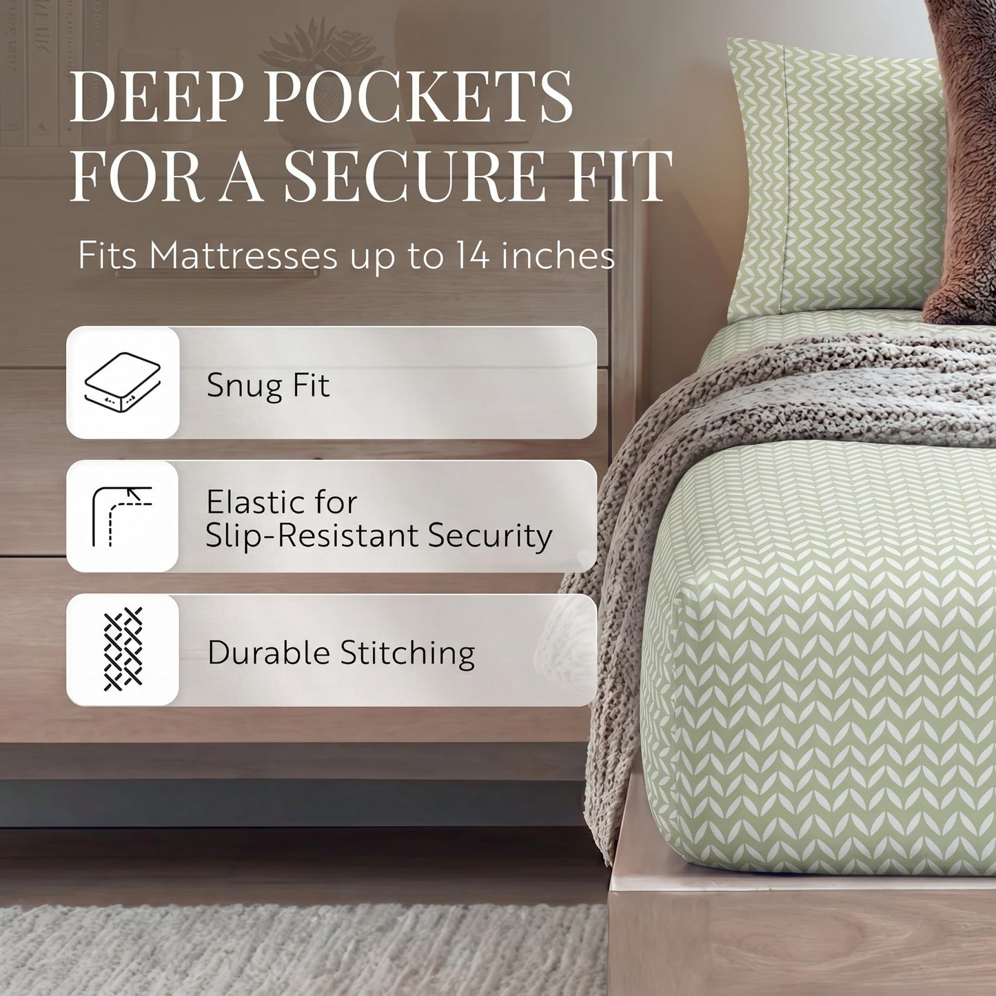 Linen Market Double-Brushed Patterned Microfiber Queen Sheet Set 4 Piece – Oeko-TEX Certified Ultra Soft & Wrinkle-Free - 16" Deep Pocket Sheets - Easy Care Queen Size - Puffed Chevron Sage