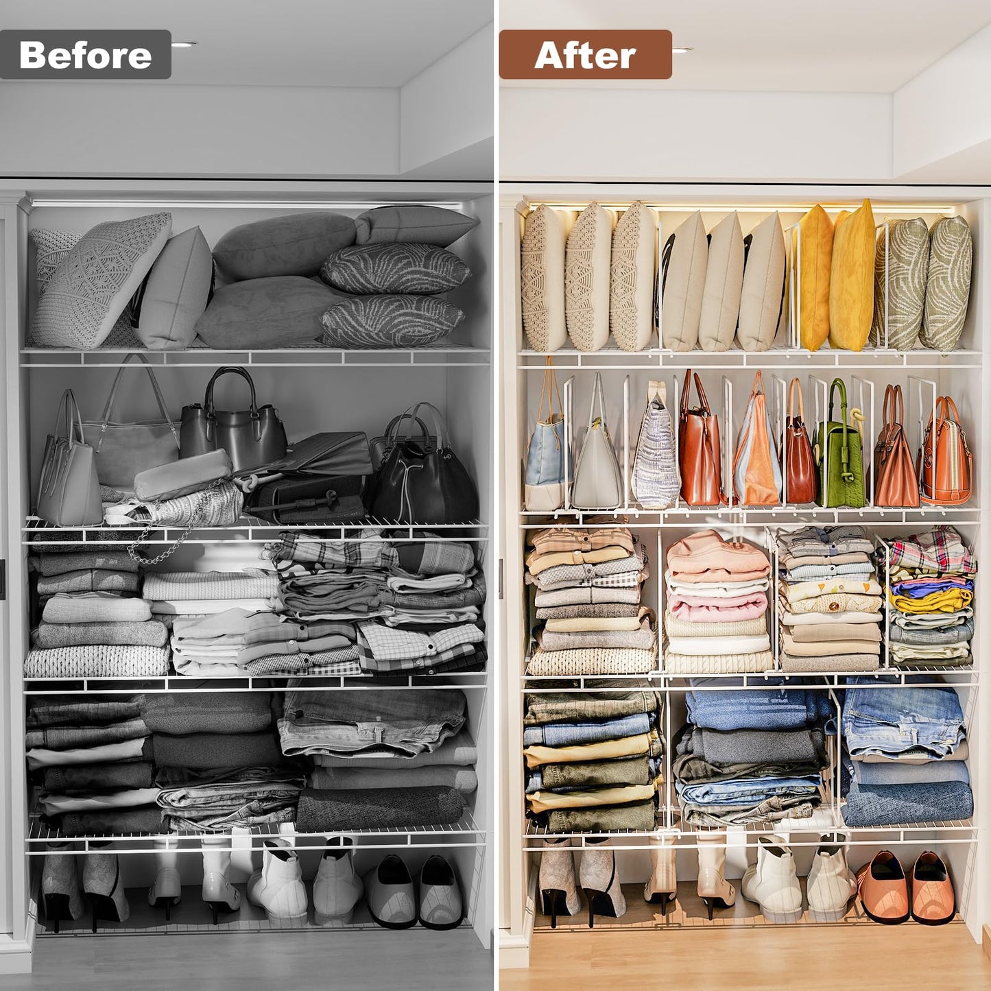 Saccik Wire Shelf Dividers for Closet: Clothes, Purse, Sweater Organizer, Vertical White Metal Rack Separators for Pantry, Bedroom, Kitchen Organization on Shelving (12" D x 10.6" H, 8 Pack)