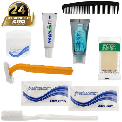 Moda West 24 Kits - Bulk Case of Wholesale Deluxe Toiletries Bathroom Essentials Men, Women, Travel, Charity, Homeless Shelters - 9 Piece Kit, Travel-Ready, Donation Ready, Essential Hygiene Products