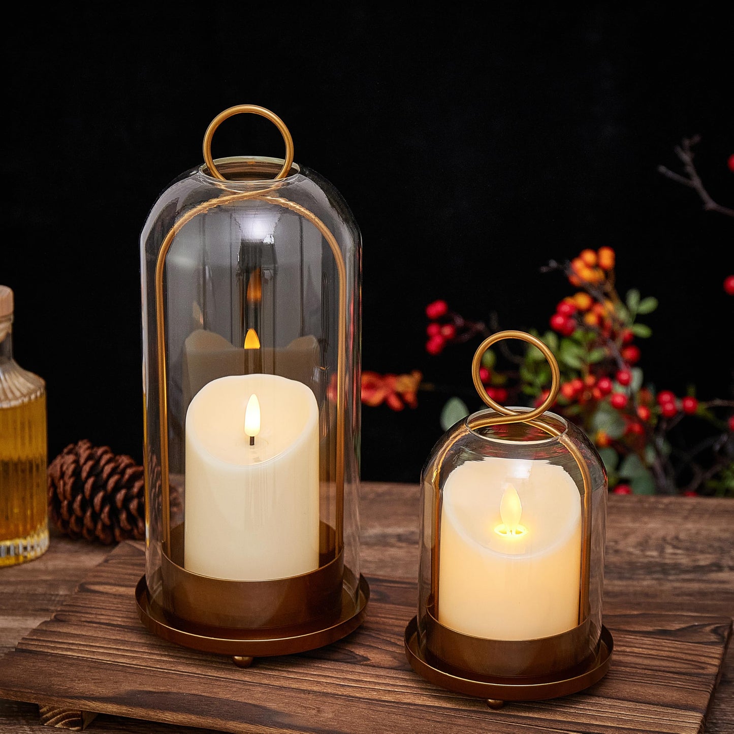Gdfmsc Hurricane Metal & Glass Candle Holder Set of 2 with Timer Candles, Decorative Candlestick Pillar Holder with Clear Glass for Wedding Party Holiday Dining Table Centerpiece Lanter, Gold