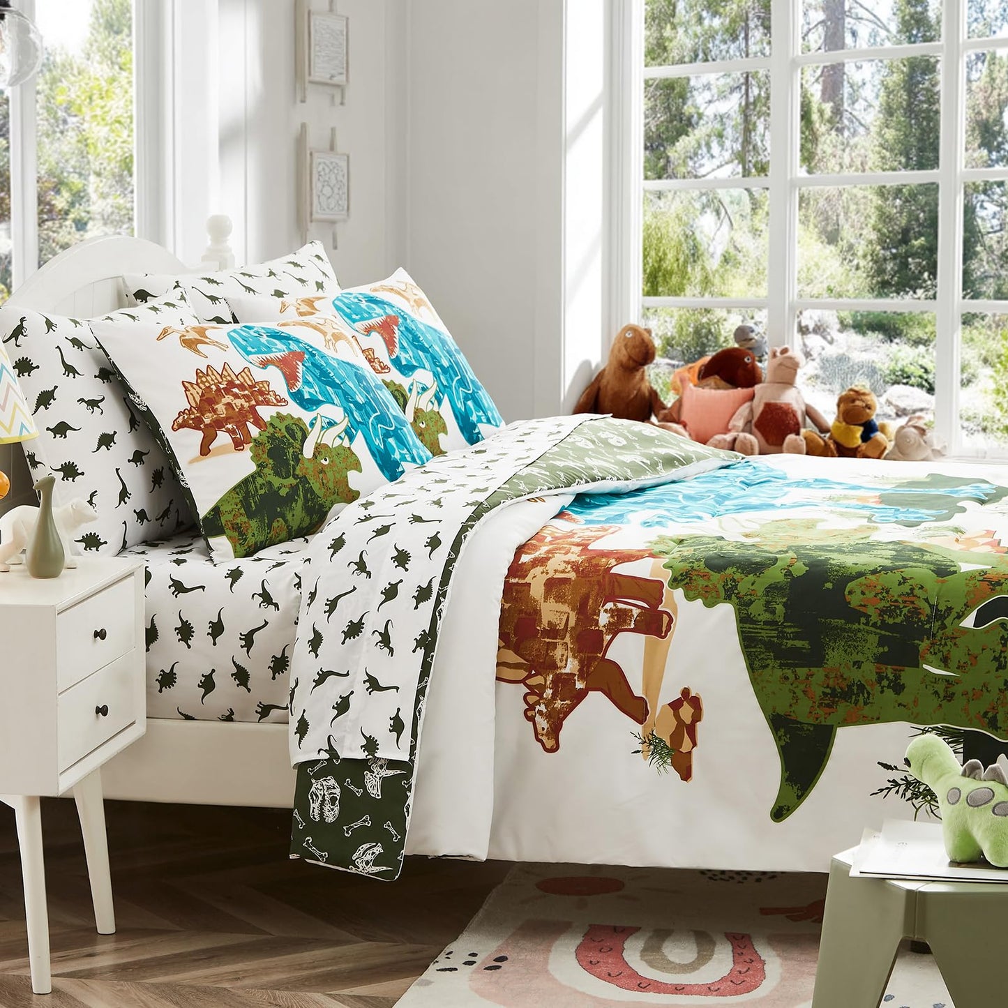 Kaleido Space Twin Kids Comforter Set - 5 Pieces Twin Bedding Sets for Boys Teen, Glow in The Dark Dinosaurs Bed in A Bag with Sheets