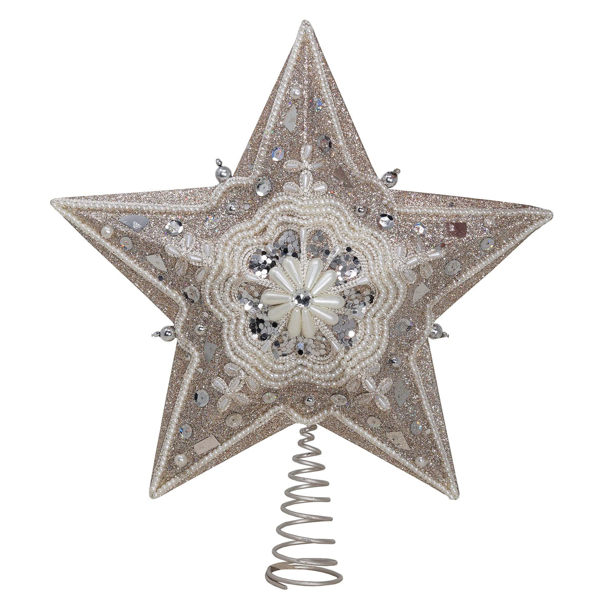 Kurt Adler Star Treetop with Ivory Pearls and Platinum Glass Glitter, 13.5-Inch