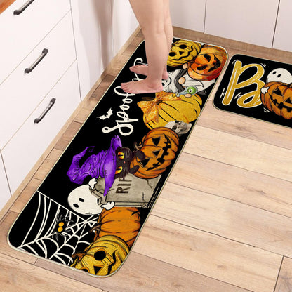 Unibyby Halloween Kitchen Mat Spooky Pumpkins Ghost Halloween Kitchen Mats for Floor, Boo Black Cat Kitchen Rugs and Mats Non Skid Washable Set of 2, Decorative Kitchen Decor 17x29 and 17x47 Inch