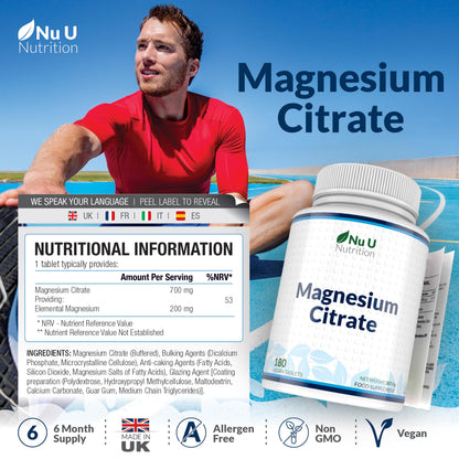 Magnesium Citrate 700mg - 180 Vegan Tablets - 6 Month Supply - 200mg of Elemental Magnesium Tablets - Made in The UK - Nu U Nutrition