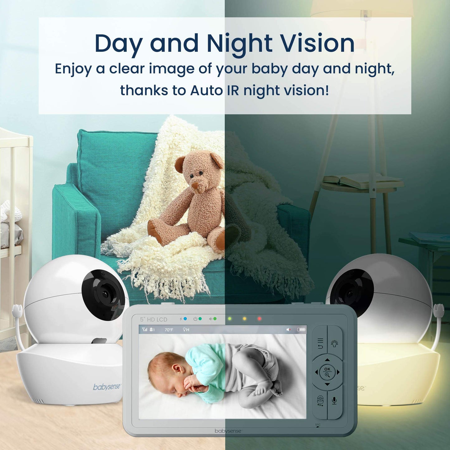 Babysense 5" HD Split-Screen Baby Monitor, Video Baby Monitor with Camera and Audio, Two HD Cameras 720p, Night Light, 300m Range, Two-Way Audio, 4x Zoom, Night Light, 4000mAh Battery
