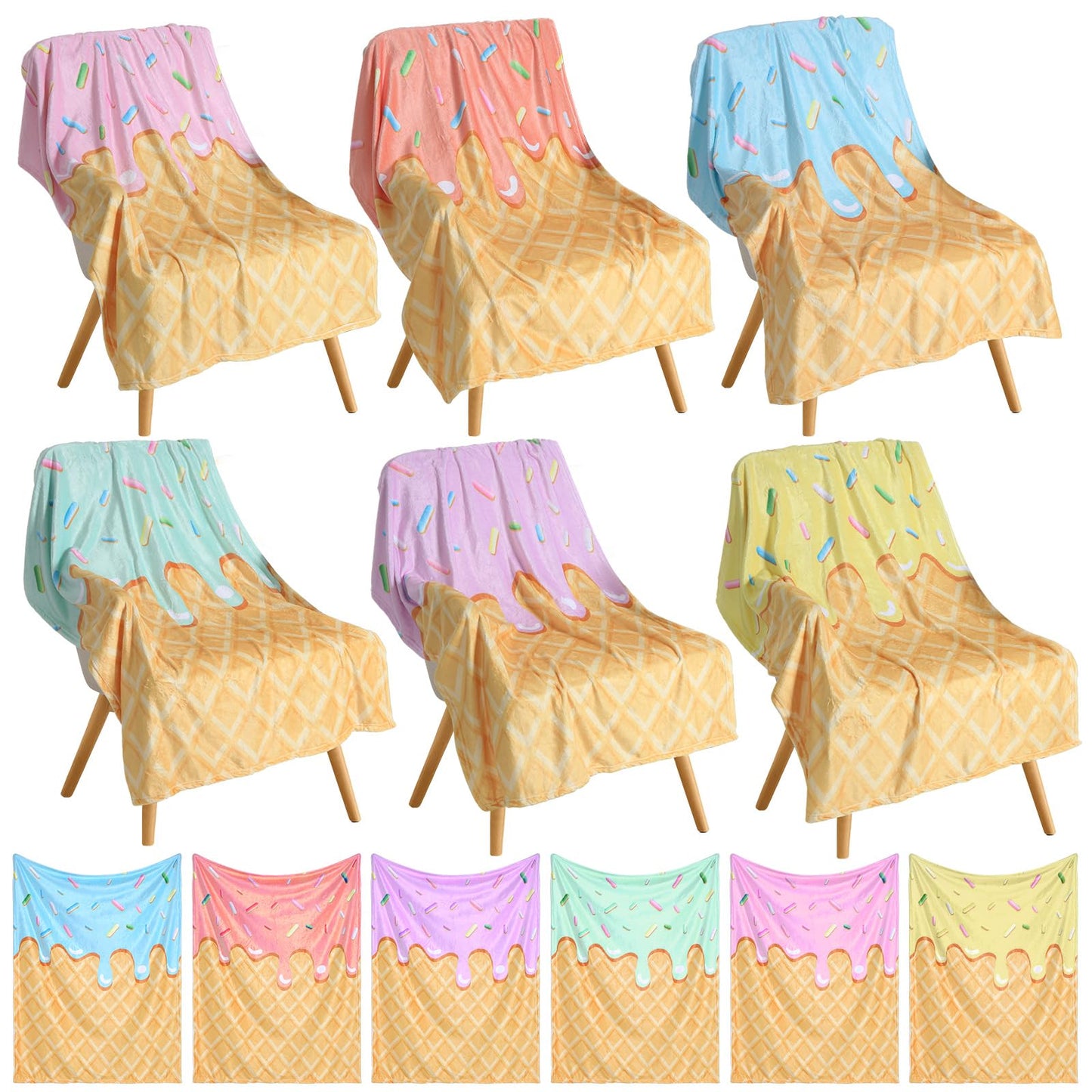 Hahafelt 6 Pack Ice Cream Throw Blankets Cute Dessert Flannel Blanket Soft Cozy Aesthetic Throw for Couch Bed Dorm Room Decor Ice Cream Party Favors Summer Party Gifts